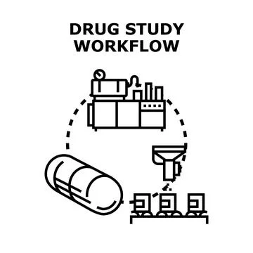Drug study workflow process medical research development Stock Illustration
