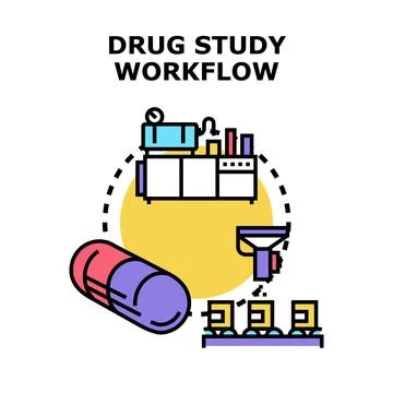 Drug study workflow process medical research development Stock Illustration
