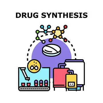 Drug synthesis developing process manufacturing pharmaceutical science Illustrazione stock