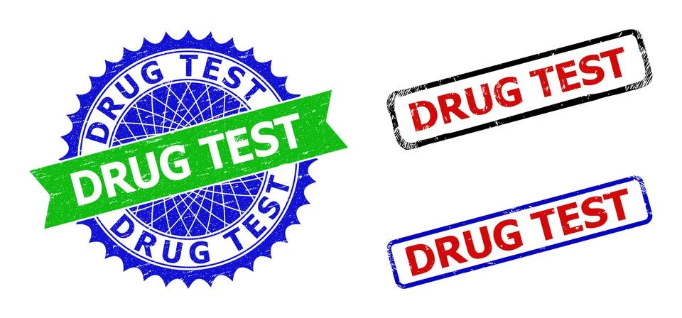 DRUG TEST Rosette and Rectangle Bicolor Seals with Unclean Styles Stock Illustration