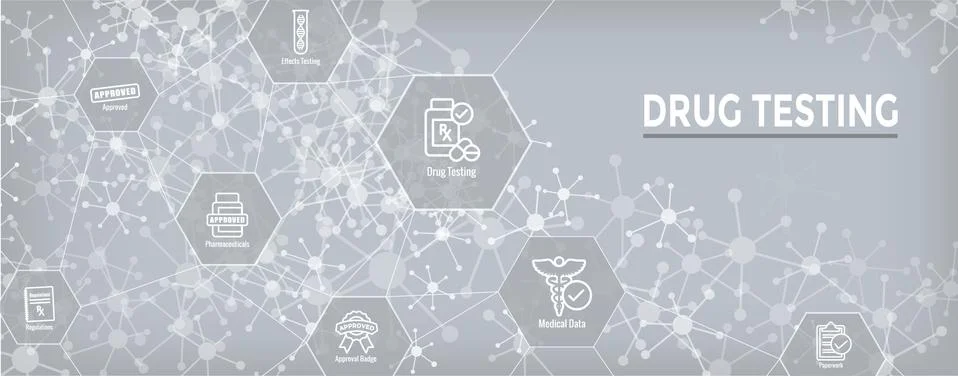 Drug Testing and Process Web Header Banner with Icon Set Stock Illustration