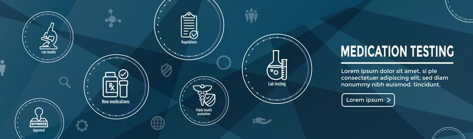 Drug Testing and Process Web Header Banner with Icon Set Stock Illustration