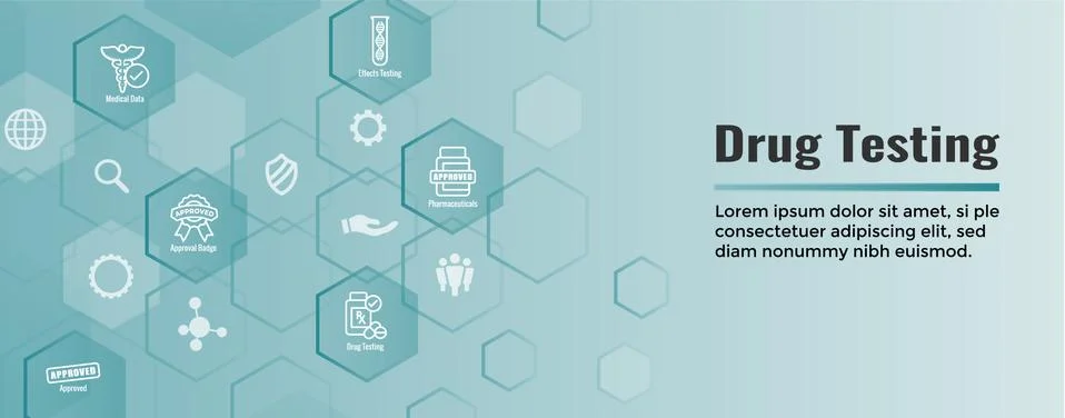Drug Testing and Process Web Header Banner with Icon Set Stock Illustration