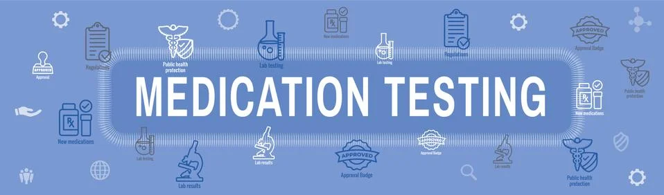 Drug Testing and Process Web Header Banner with Icon Set Stock Illustration