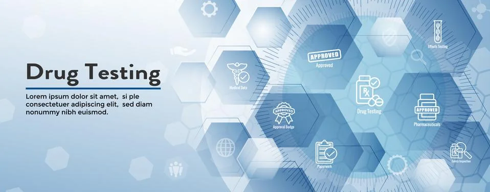 Drug Testing and Process Web Header Banner with Icon Set Stock Illustration