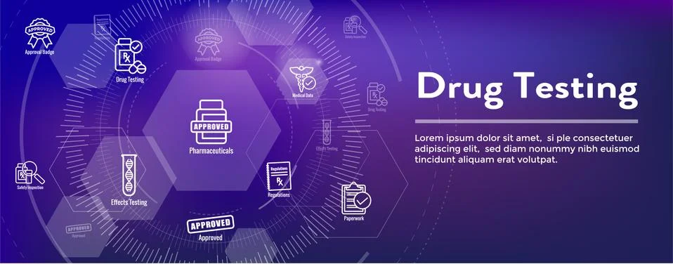 Drug Testing and Process Web Header Banner with Icon Set Stock Illustration