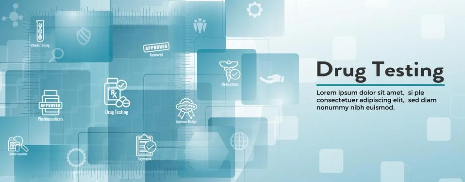 Drug Testing and Process Web Header Banner with Icon Set Stock Illustration