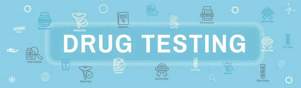 Drug Testing and Process Web Header Banner with Icon Set Stock Illustration