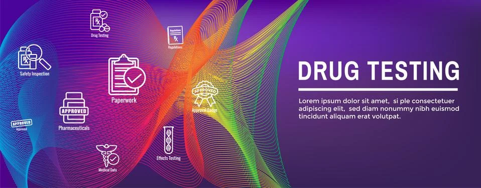 Drug Testing and Process Web Header Banner with Icon Set Stock Illustration