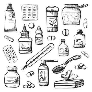 Drugs isolated on white background. Vector illustration in a sketch style Stock Illustration