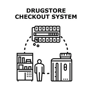 Drugstore checkout system processing customer medicine purchase Stock Illustration