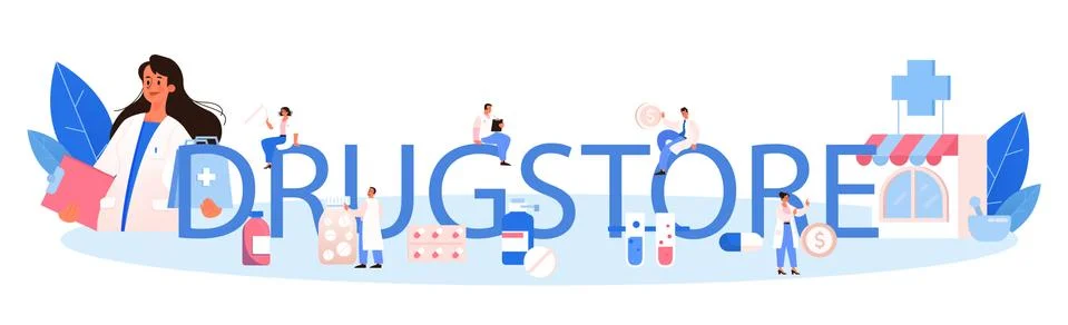 Drugstore typographic header. Pharmacist preparing and selling drugs Stock Illustration