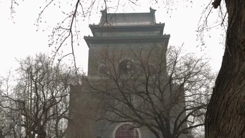 Drum and Bell Tower View Through Winter Trees in Beijing Historic Site Stock Footage 341711492