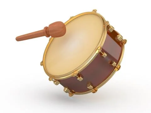 Drum and drumstick on white isolated background. 3d Illustrazione stock