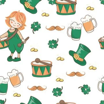DRUM AND HAT Saint Patrick's Day Seamless Pattern Vector Stock-Illustration