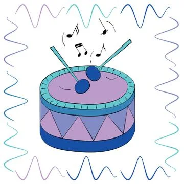 Drum and musical notes on a white background. Stock Illustration
