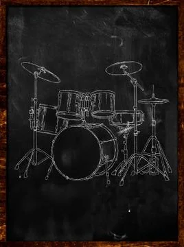 Drum Chalk Sketch on Blackboard Stock Illustration