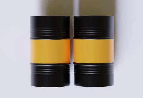 Drum Container oil industry. Gold and black barrels with oil drop label on s Stock Illustration