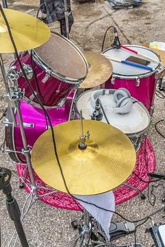 Drum drum kit, performance on the street. Stock Photos