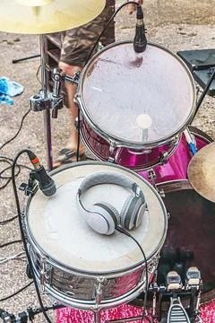 Drum drum kit, performance on the street. Stock Photos
