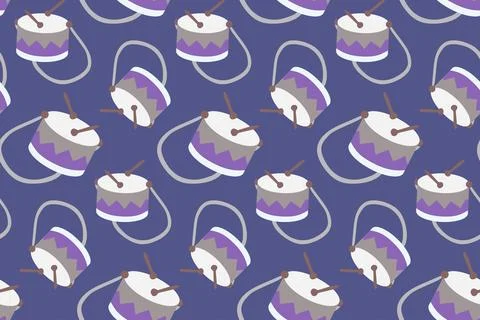 Drum flat Seamless pattern. Cartoon Color Musical background with Kids Drum.. Stock Illustration
