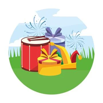 Drum gift boxes and jester hat in the field carnival イラスト素材
