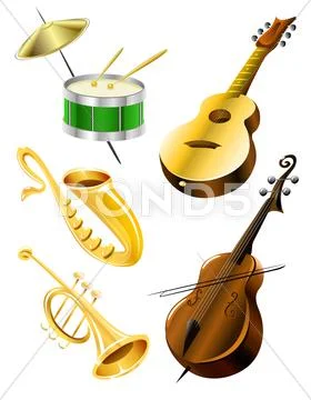 Drum, guitar, tramble, sax, kontrabas music instruments Stock Illustration