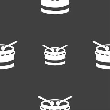 Drum icon sign. Seamless pattern on a gray background. Illustrazione stock