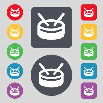 Drum icon sign. A set of 12 colored buttons. Flat design. Vector Illustrazione stock