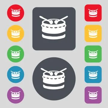 Drum icon sign. A set of 12 colored buttons. Flat design. Vector Illustrazione stock