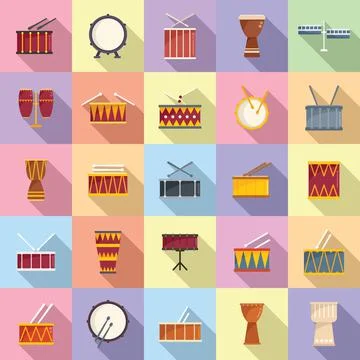 Drum icons set flat vector. Instrument music Illustrazione stock
