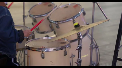 Drum Kit with Cymbal and Stick Movement in Practice Space Video stock 328515653