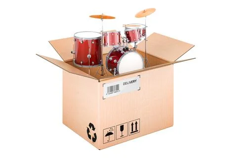 Drum kit inside cardboard box, delivery concept. 3D rendering Stock Illustration