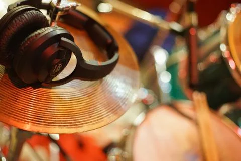 Drum Kit Set for Recording and Production with Headphones Stock Photos