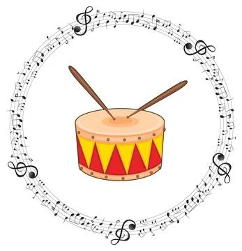 A drum with musical notes on white background イラスト素材