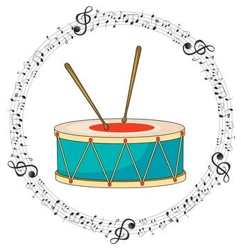 A drum with musical notes on white background 스톡 일러스트