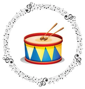 A drum with musical notes on white background Stockillustratie