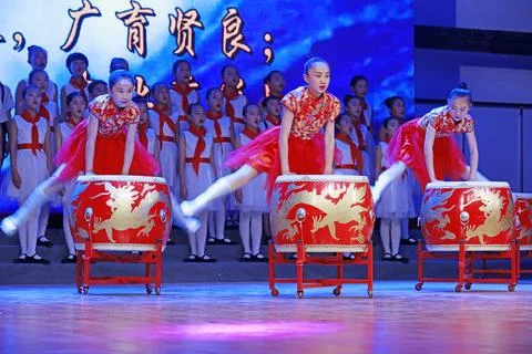 Drum performance on the Stage, Luannan County, Hebei Province, China Stock Photos