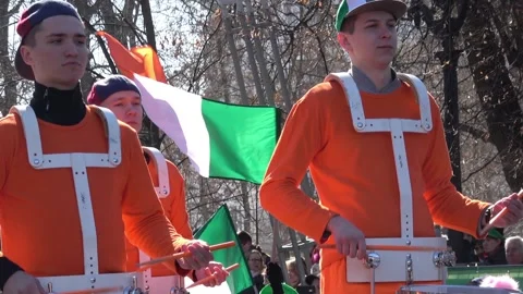 Drum players on celebration of St. Patrick day in Moscow, Russia Stock Footage 90229256