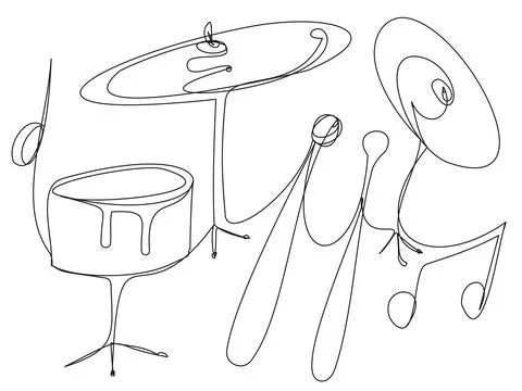 Drum set with drumsticks one line on a white background. Stock Illustration