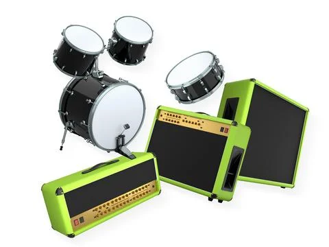 Drum set with matching guitar amplifiers isolated on white background. Concep Stock Illustration