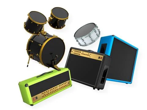 Drum set with matching guitar amplifiers isolated on white background. Concep Stock-Illustration