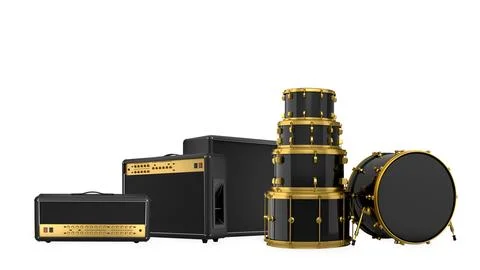 Drum set with multiple toms and snares, paired with matching amplifiers, isol 스톡 일러스트