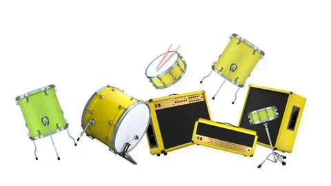 Drum set with multiple toms and snares, paired with matching amplifiers, is.. Ilustração Stock