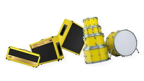 Drum set with multiple toms and snares, paired with matching amplifiers, isol Illustrazione stock