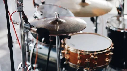 The drum set before the performance. Close-up of a musical instrument. Stock Footage 114536316