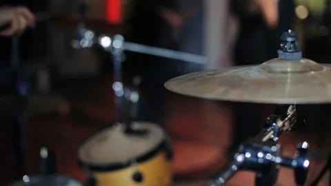 Drum set on stage, drummer plays with sticks Stock Footage 119019323