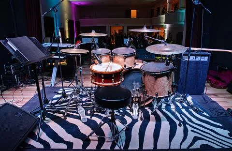 Drum set on a stage. Drums kit. Live concert concept. Stock Photos