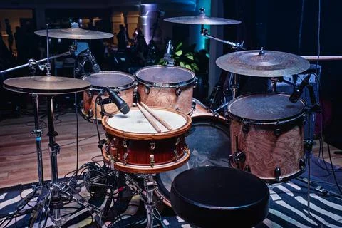 Drum set on a stage. Drums kit. Live concert concept. Stock Photos