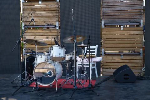 Drum set-up on stage horizontal Stock Photos